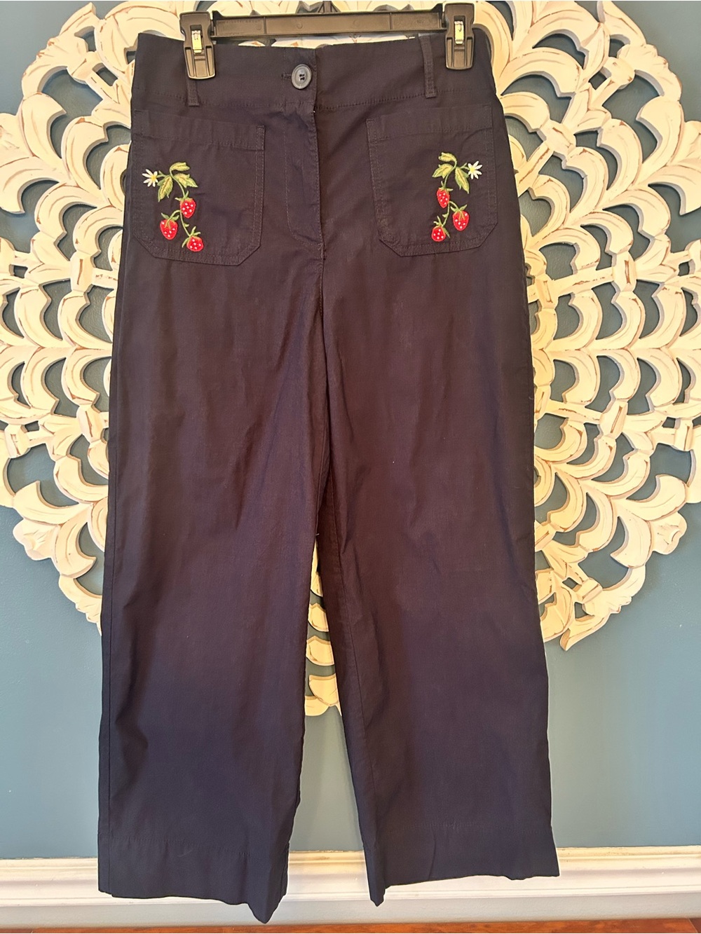 Nicole Miller Women’s  Navy Wide-Leg Pants with Strawberry Embroidery on front